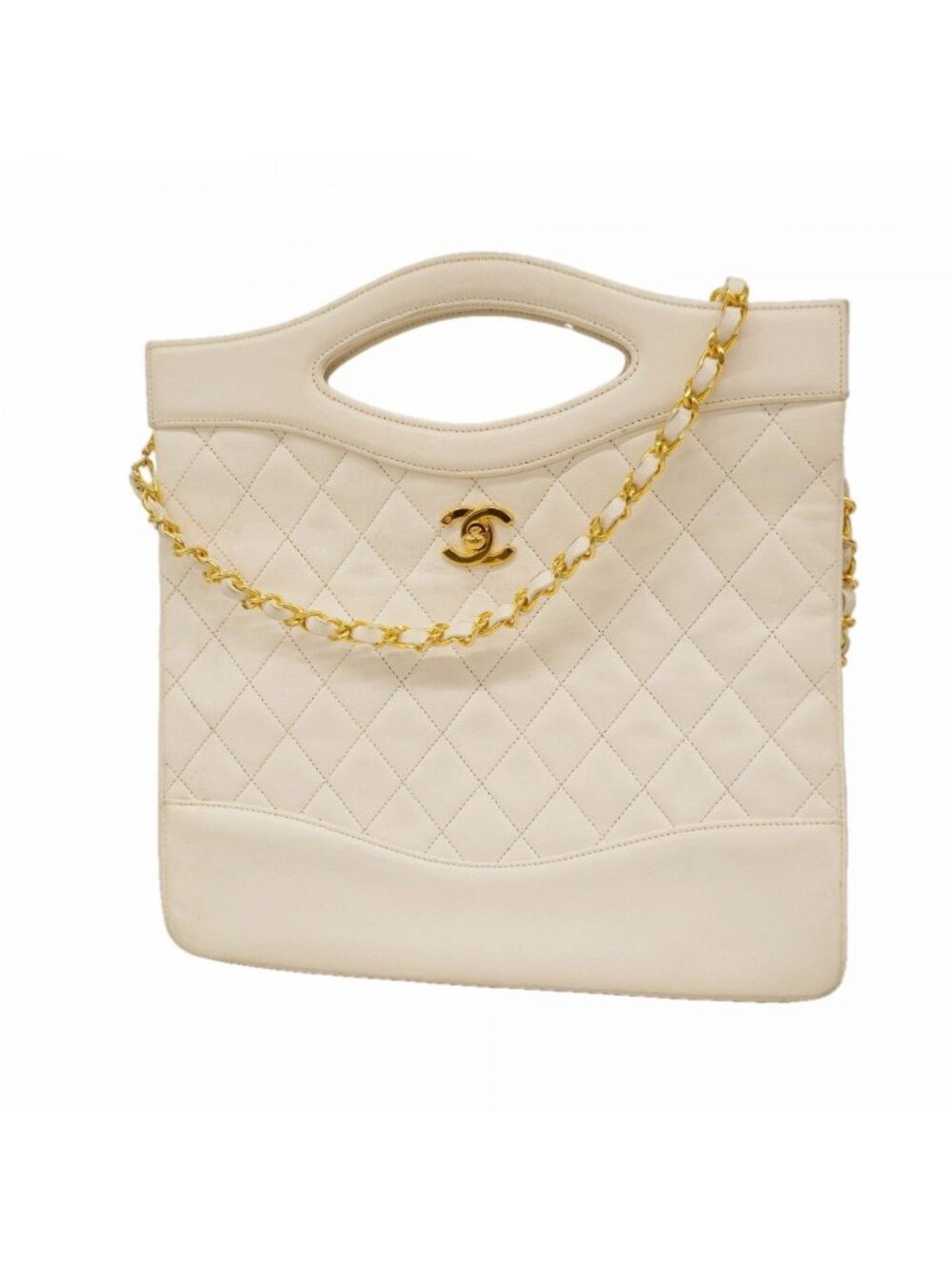 Chanel Handbag Quilted Lambskin White Gold 2-Way
